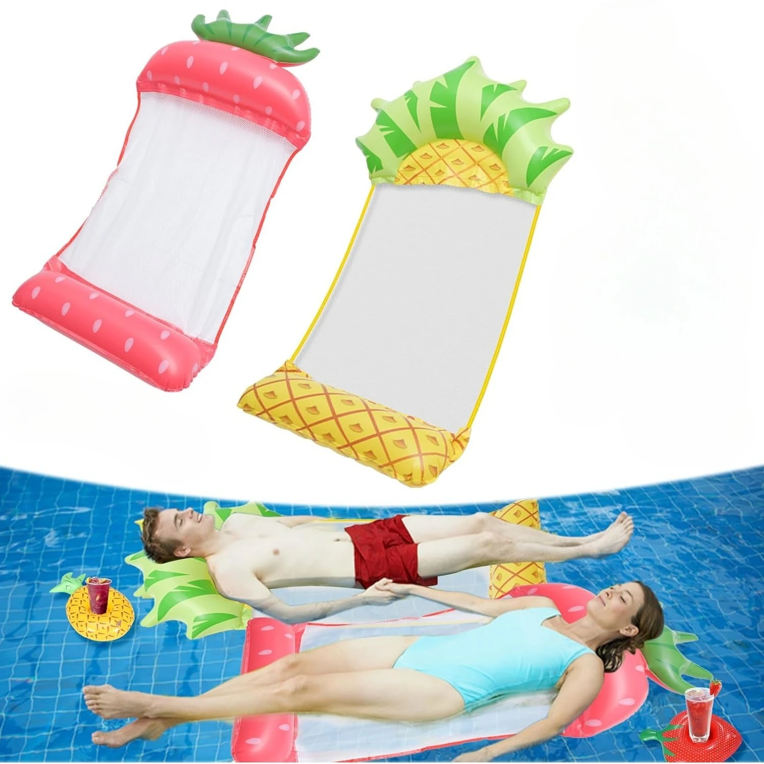 Sommerliche aufblasbare Schwimminsel in Fruchtform: PVC-Pool-Hängematte, Wassermelonen-Schwimmtier, faltbares Luftkissen für Schwimmen und Strandentspannung Image