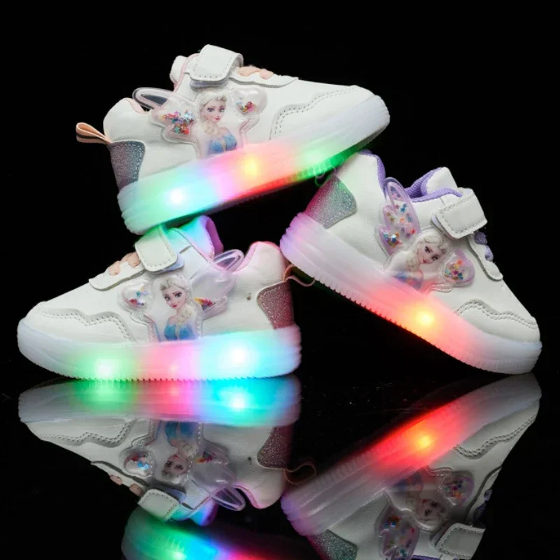 Freizeitschuhe für Kinder, LED-Licht, Elsa, Prinzessin, Frozen, PU-Leder, modische Frühlingsschuhe, rutschfest, atmungsaktiv, Rosa, Lila, Größe 21–30