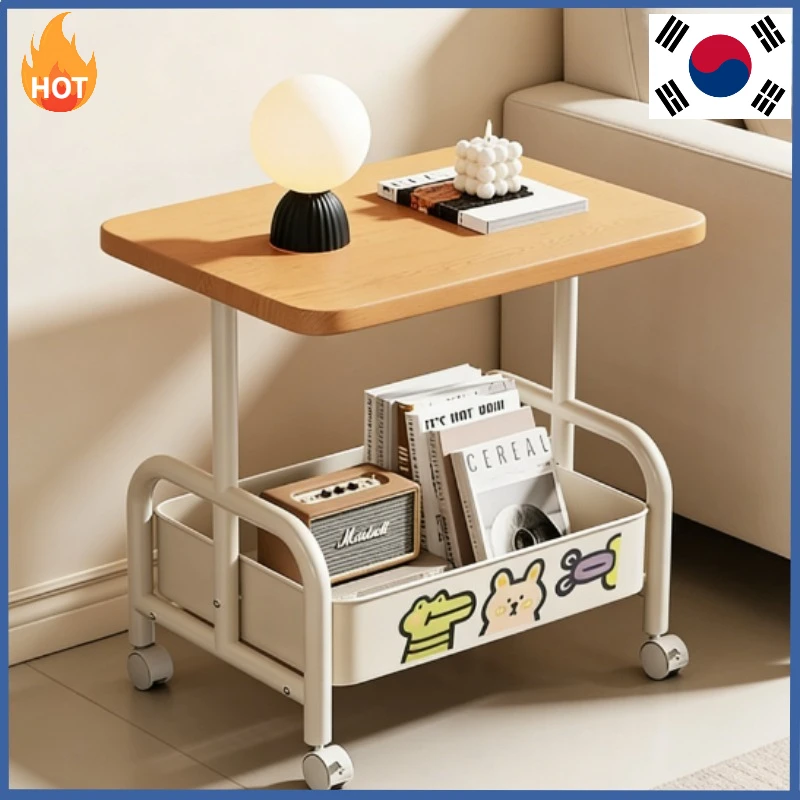 Rollbarer Laptop-Schreibtisch und Aufbewahrungstisch – doppelschichtiger mobiler Ständer mit Korb, perfekt als Sofa-Beistelltisch oder Schlafzimmer-Nachttisch Image