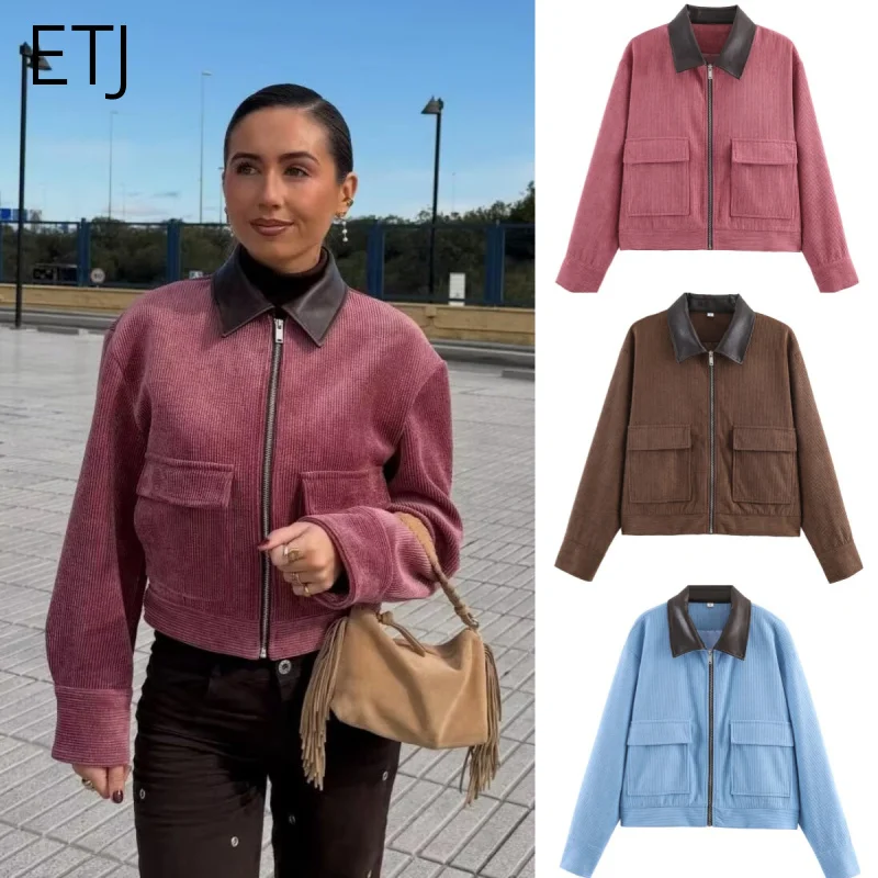 TJ 2026 Damen Vintage-Stil Cordjacke mit Kunstlederkragen Retro Bomber Kurze Jacke für den Herbst Image