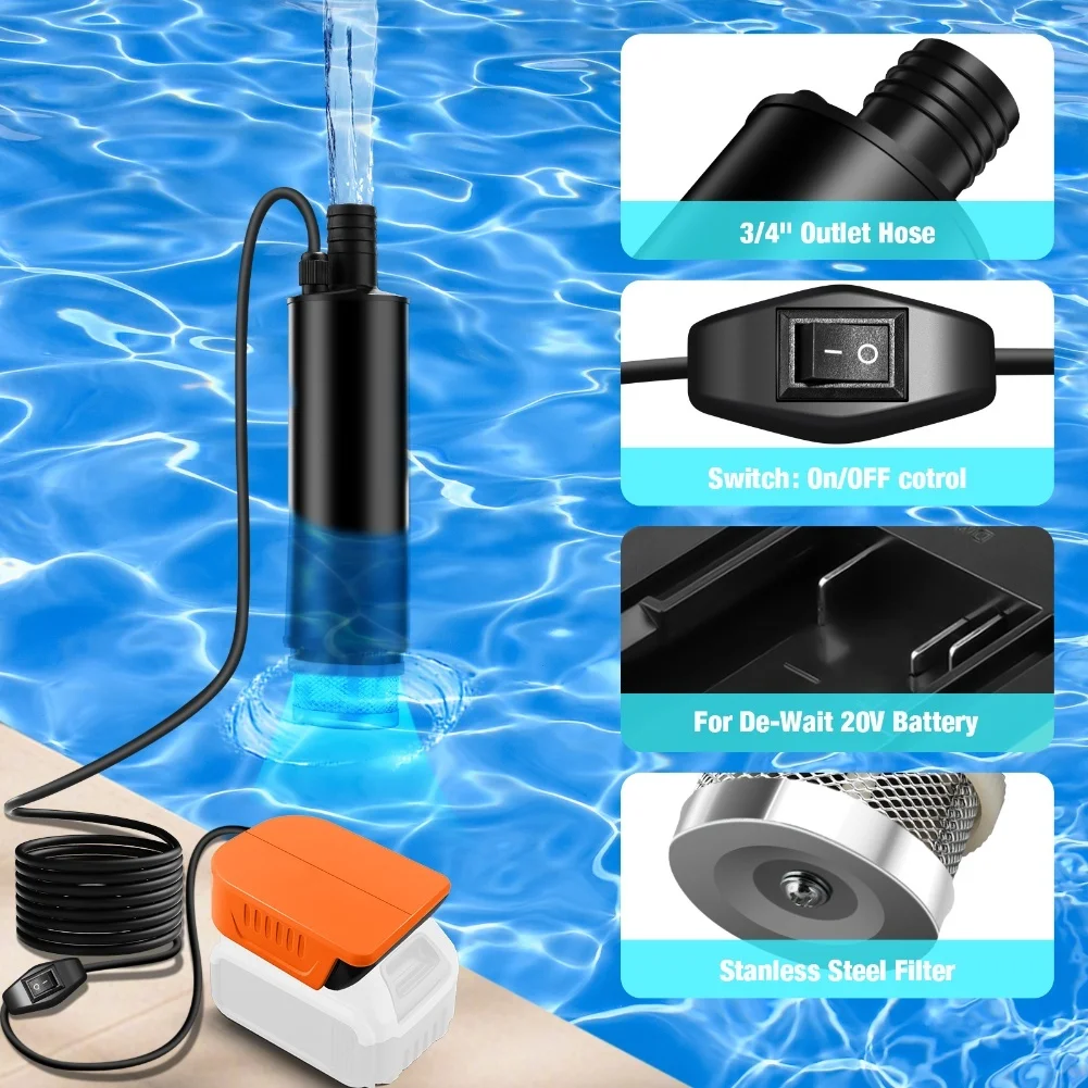 Die elektrische kabellose Tauchpumpe ist mit 18-V-Batterieadaptern Bosch/Dewalt kompatibel und eignet sich für Gärten, Pools, Teiche Image