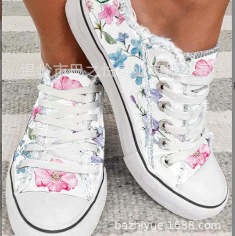 Floral Leinwand Schuhe 2023 Neue Weiße Wilde Frauen Große Größe Flacher Mund Spitze-up Sport Schuhe Casual Flache Femme zapatos