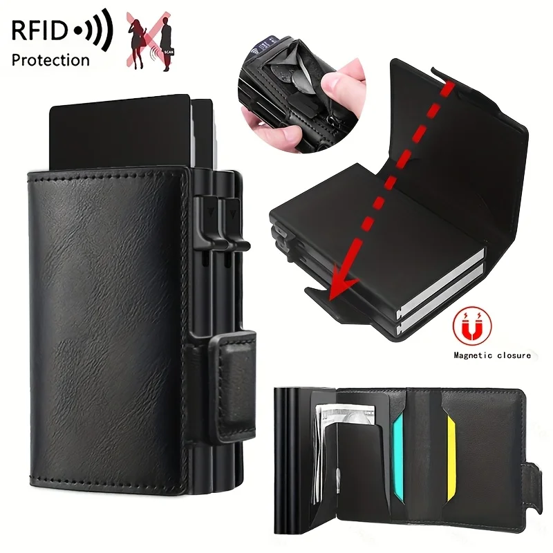 2026 Neue Doppelschichtige PU-Leder RFID-Kartenhalter Kartenetui Clutch Pop-up Geldbörse Aluminium-Box Schlanke Smarte Brieftasche Image
