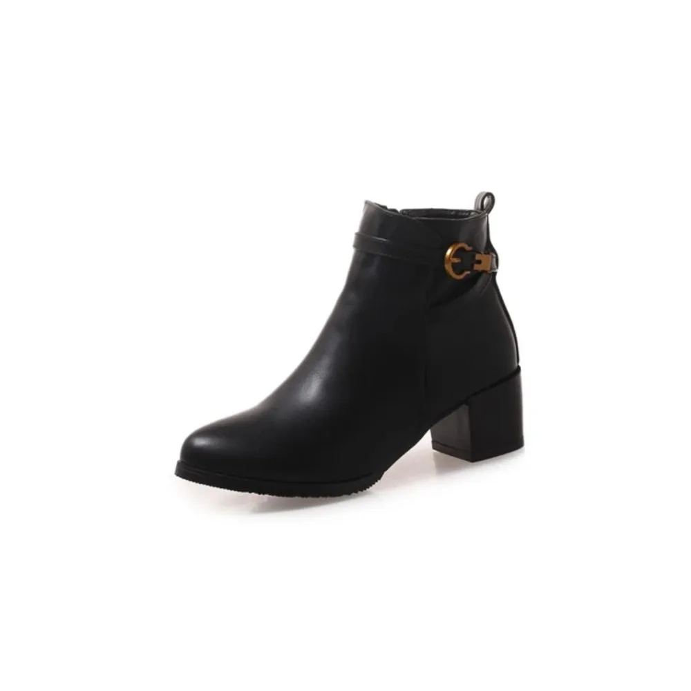 Stiefeletten Damen Mode Runde Zehen Gürtelschnalle Dicke High Heels Herbst Winter Warme Kurze Stiefel Super Große Größe 5152 53 54 18-59