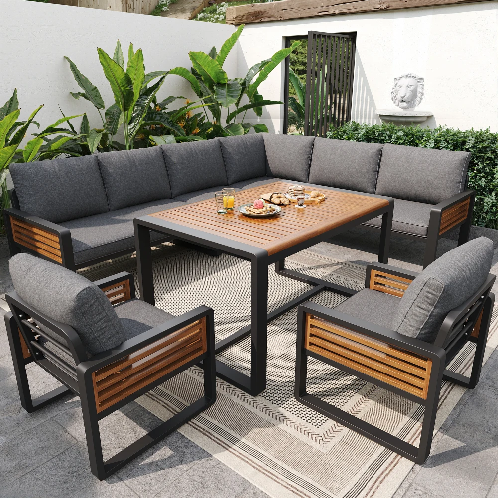 Garten-Lounge-Set, Gartensofa mit Massivholz-Esstisch, Möbelset für 8 Personen, Verstellbare Beine, Sitz- und Rückenkissen