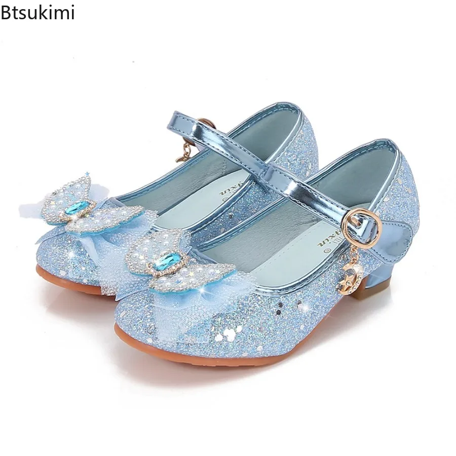 Neue Frühling und Herbst Mädchen Prinzessin kinder Schuhe Mädchen Mode Strass Bogen Rosa Blau High Heel Leder Schuhe Größe 25-38