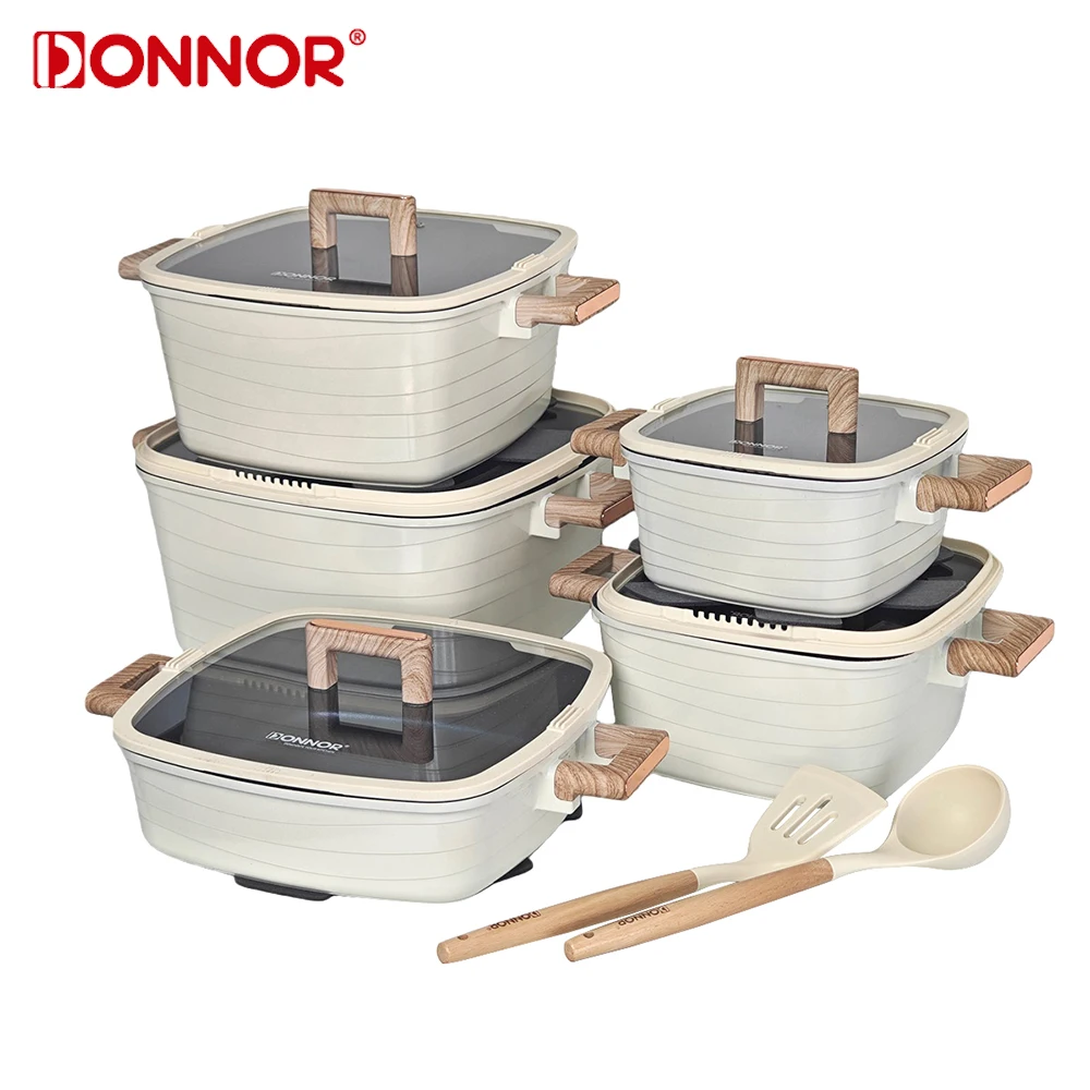 DONNOR 15-teiliges Kochgeschirr-Set, quadratische Suppentöpfe, Kochtöpfe, antihaftbeschichtetes Bratpfannen-Set mit Bakelit-Griff, Kochtopf für alle Herdarten Image