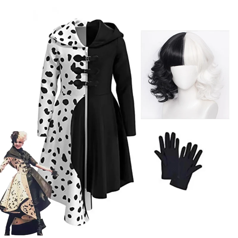 Cruella Kleider Cosplay Frauen Cruella Cosplay Kostüm Gothic Hexe De Vil Lockiges Haar Perücken Kopfbedeckung Dämon Cosplay Sexy Perücke Image