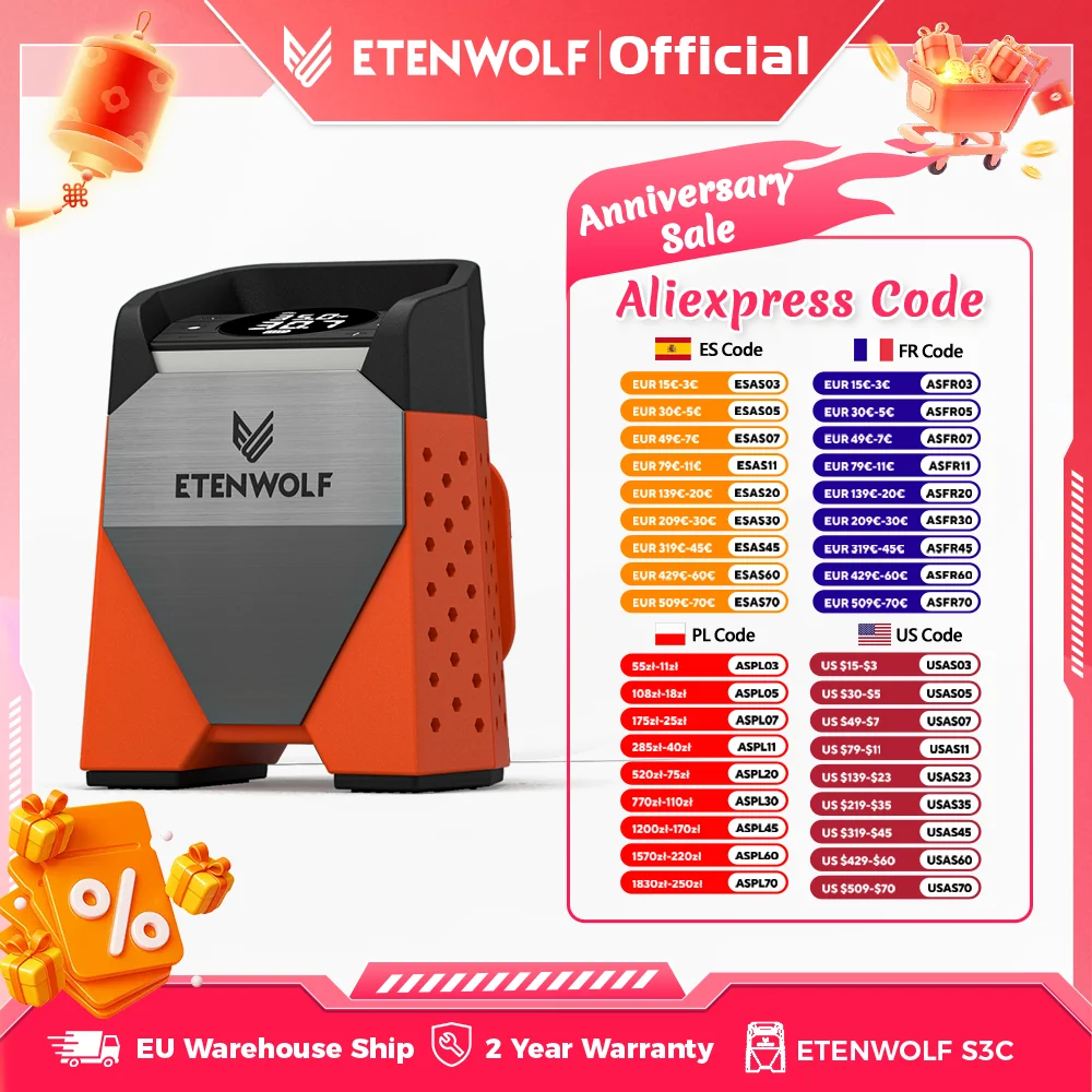 ETENWOLF S3C Kabelloser Luftkompressor – 7800 mAh, Autoreifenfüller 160 PSI, 100 % Einschaltdauer für Autos, Motorräder, Fahrräder und Bälle Image