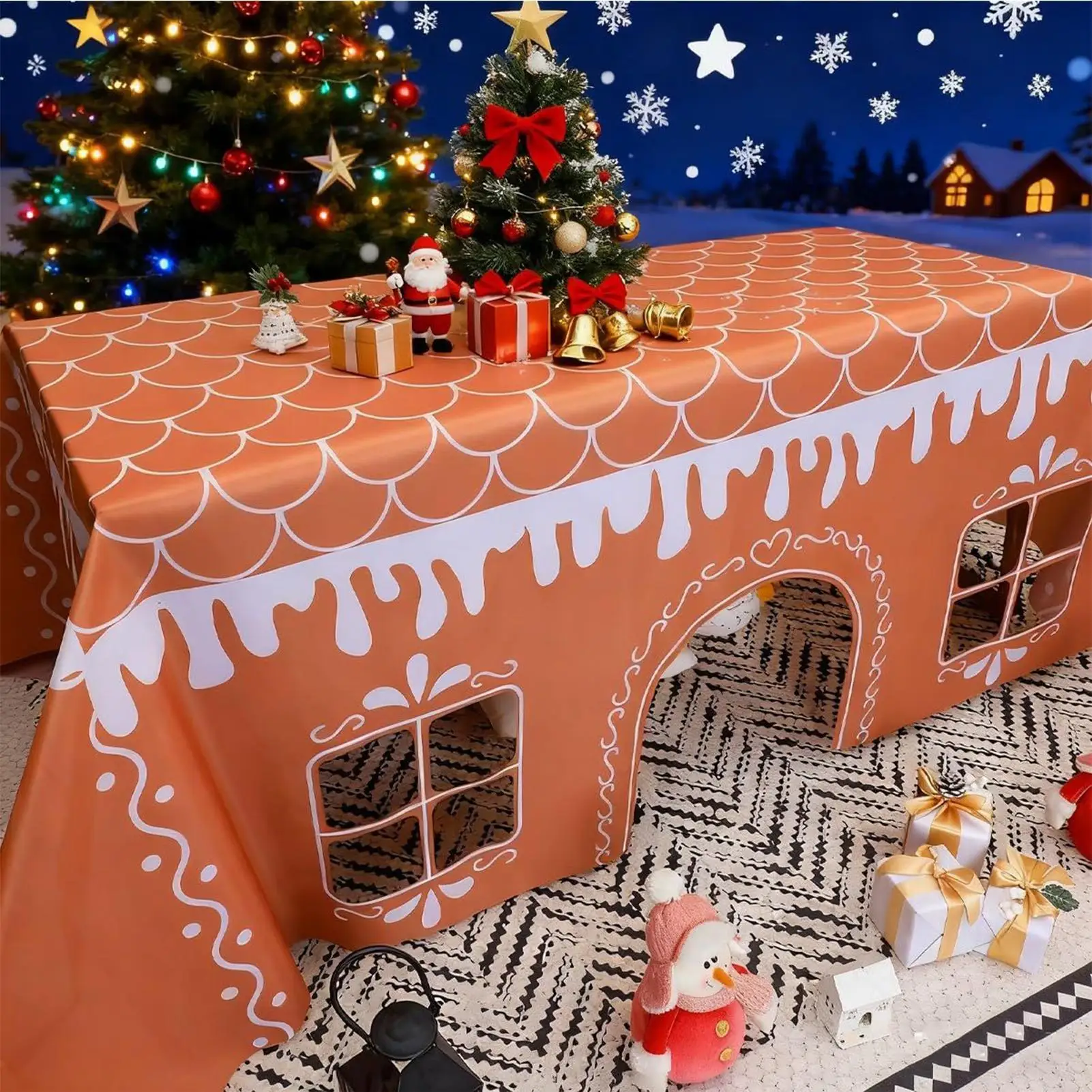 Tischdecke Weihnachten Lebkuchenhaus Tischdecke Offenes Zelt mit festlichem Dorf-Spielhaus-Design für Lebkuchen-Party-Dekoration