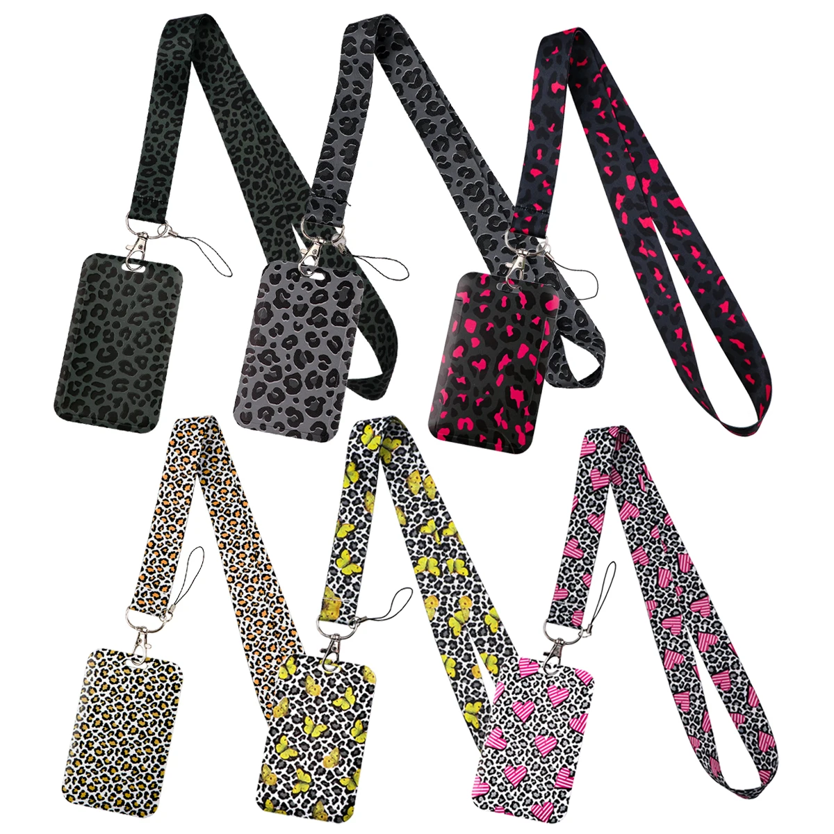 Ausweishalter mit Leopardenmuster, rosa Herzen, Schlüsselband für Schlüssel, Umhängeband für Karten, Ausweise, Schlüsselanhänger, Zubehör, Geschenk für Freunde Image