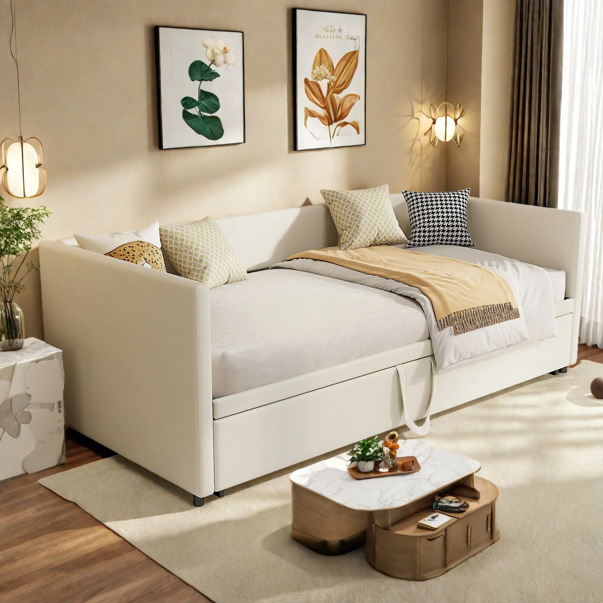 Anajqaqia Ausziehbares Schlafsofa, Multifunktionsbett, Polsterbett mit Lattenrost, Samtstoff, Beige, 90/180x200cm