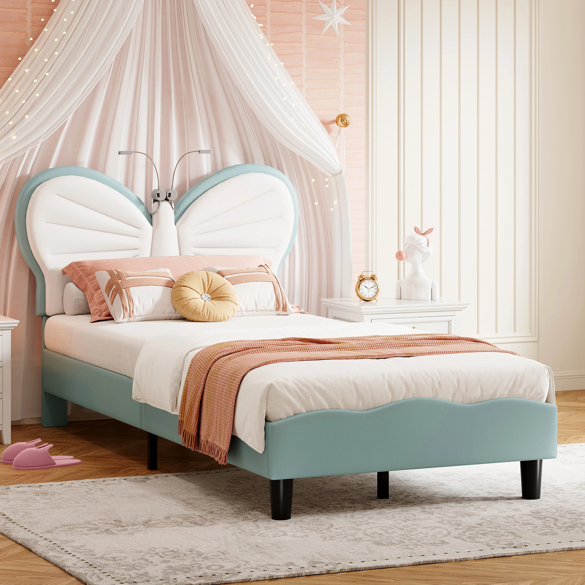 Anajqaqia 90x200cm Butterfly Polsterbett, Jugendbett mit Höhenverstellung und LED-Leselicht, Kopfteil, PU Image