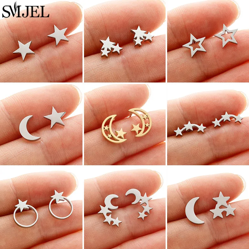 Modische Edelstahl-Ohrringe Einfache Mond-Stern-Ohrstecker für Frauen Sternenhimmel Minimalistischer Schmuck Halbmond-Ohrringe Freundesgeschenk Image