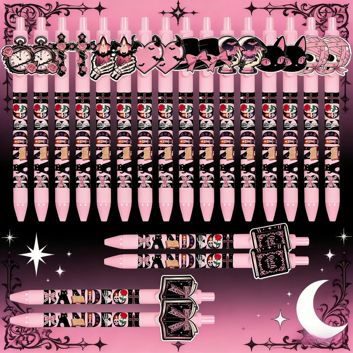 10 Stück / 20 Stück rosa Kugelschreiber im Gothic-Stil, rosa-schwarze, rosengeförmige Druckknopf-Kugelschreiber mit Totenkopf-Motiv Image