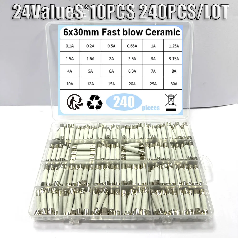 240 Teile/schachtel 24 Werte 6x30mm Flink Keramik Sicherung 250V 0,1A 0,2A 0,5A 1A 1,5A 2A 2,5A 3A 3,15A 4A 5A 6A 10A 15A 20A 25A30A Image