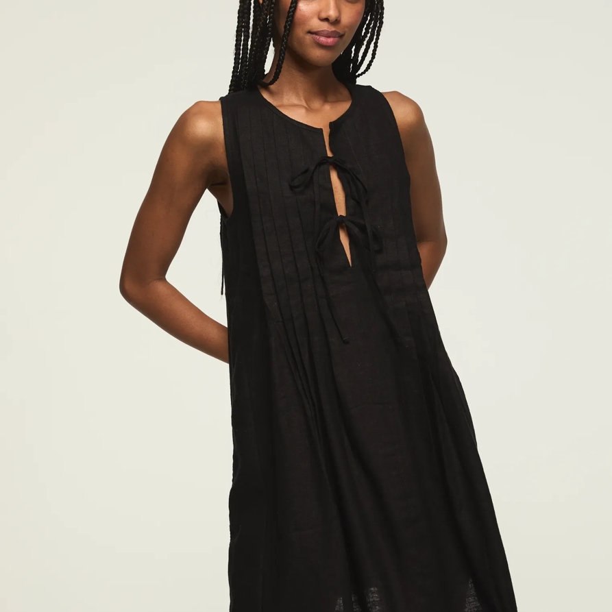 Lucky Brand Pleated Tie Neck Mini Dress - Women's Clothing Dresses Mini Dress in Caviar, Size XL