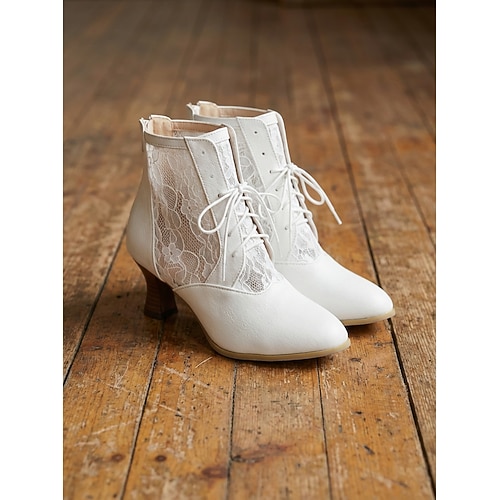 Viktorianische Schnürstiefeletten für Damen – elegantes burgunderrotes Kunstleder Schwarze Stiefeletten aus Spitzenmesh mit Vintage-Spulenabsatz für Steampunk-Cosplay und Retro-Hochzeiten Image