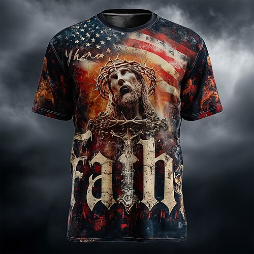 Amerikas 250. Jahrestag Herren Bibel Jesus Christliches T-Shirt Kurzarm T-Shirt 3D-Druck Rundhals-Shirt Religiös Patriotisch Freizeit Täglich Party Schwarz 1 Sommer Frühling Bekleidung Image