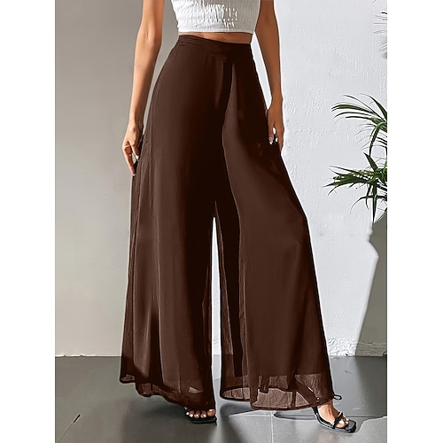 Damen Hose Sommerhose Baggy-Hosen Freizeithose Urlaub Vintage Mode Volle Länge Hohe Taille Einfach Tasche Elastischer Bund Weites Bein Leicht Weich Bequem Mikroelastisch Outdoor Straße Ferien Blau Image
