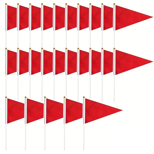 25/50 Mini-Handfahnen in roten Dreiecken, einfarbige Handfahnen an Stöcken, für Partys, Feiern, Eröffnungen, Geburtstage, Sportvereine und als Blumentopfdekoration Image