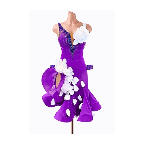 Lateinamerikanischer Tanz Kleid Strass Spleißen Damen Party Training Leistung Ärmellos Spandex Nylon Image