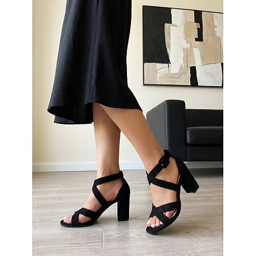 Elegante schwarze Wildledersandalen mit Blockabsatz für Damen – bequeme Riemchensandalen mit offener Zehenpartie Knöchelriemen für Arbeit, Bürokleidung Business-Casual-Veranstaltungen Image