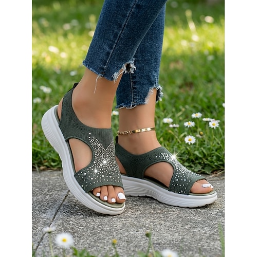 Pinkfarbene Damen-Stricksandalen mit Strasssteinen – atmungsaktive Plateau-Sommerschuhe zum Spazierengehen, Reisen und für den Urlaub Freizeitkleidung Image