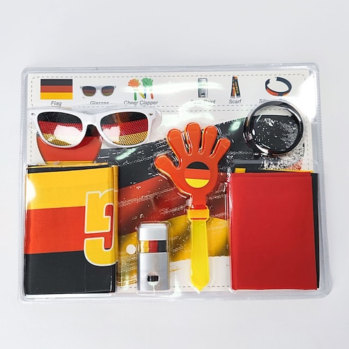 6-teiliges Fan-Accessoires-Set zur Fußball-Weltmeisterschaft – Fahne, Fanbrille, Klatscher, Schminke, Requisiten für Fußballfans zur Anfeuerung am Spieltag Image