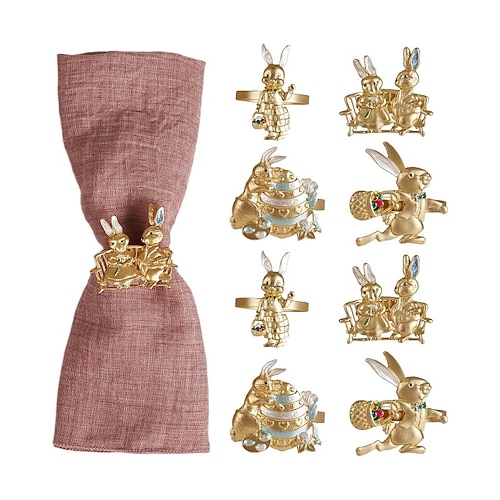 4er-/8er-Packung Osterhasen-Serviettenringe, 4 verschiedene Ausführungen, goldfarbene Metall-Serviettenhalter in Hasenform, dekorativer Hase Eier-Deko-Set für Frühlingsessen, Hochzeiten, festliche Image