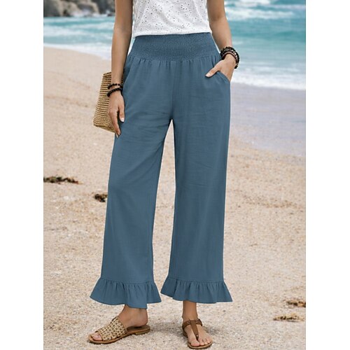 Damen Kunstbaumwollleinen Weites Bein Chinos Sommerhose Urlaub Streetwear Lässig Volle Länge Mittlere Taillenlinie Einfach Tasche Elastischer Bund Komfort Bequem Unelastisch Täglich Outdoor Urlaub Image