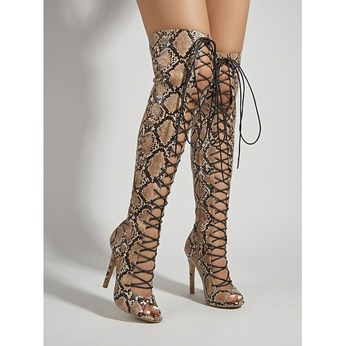 Damen-Overknee-Stiefel mit Schlangenmuster und Schnürung – Stilettoabsätze für Partys im Nachtleben Image