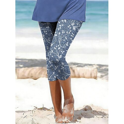 Damen Caprihose Leggings Urlaub Stilvoll Klassisch Wadenlang Mittlere Taillenlinie Blumen Grafik Druck Komfort Bequem Dehnbar Outdoor Urlaub Straße Weiß Blau Grün Sommer Frühling Schmale Passform Image