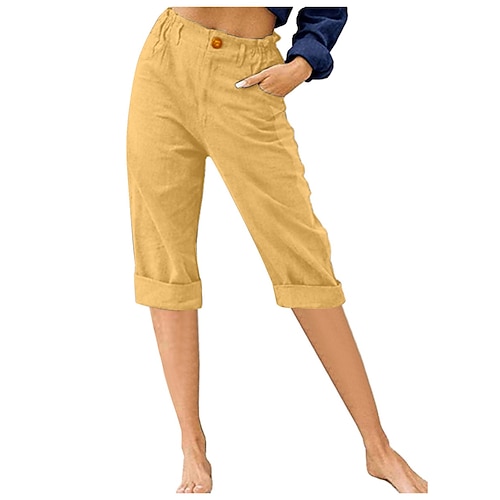 Damen Shorts aus Baumwollleinen Chinos Basic Lässig Capris Hohe Taille Einfach Tasche Elastischer Bund Bequem Weich Atmungsaktiv Mikroelastisch Outdoor Urlaub Straße Schwarz Weiß Gelb Rote Sommer Image