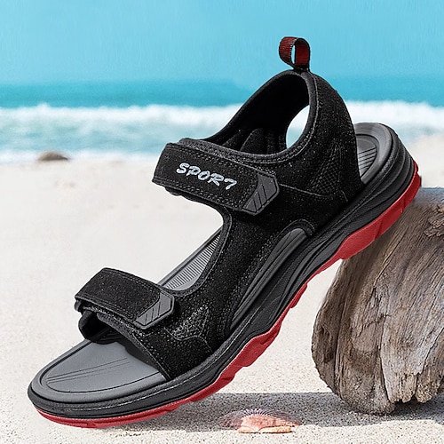 Beigefarbene Herren-Sportsandalen mit offener Zehenpartie und Klettverschluss – gepolsterte Sohle, atmungsaktives Design, perfekt für Strand, Urlaub und sommerliche Freizeitkleidung Image