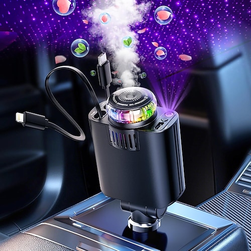 Einziehbarer Kfz-Ladeadapter mit USB-C-Schnellladefunktion (120 W), Zigarettenanzünderadapter mit Sternen-Aromatherapie-Licht, ideales Geschenk für Reisende, Männer und Frauen Image
