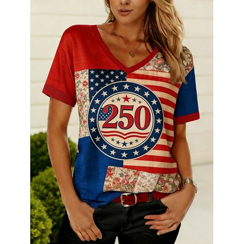 Amerikanischer Unabhängigkeitstag Damen T Shirt T-Shirt Druck Grafik Amerikanische Flagge Stilvoll Klassisch Lässig Kurzarm V Ausschnitt Normale Oberteile Täglich Ausgehen Wochenende Blau Rote Khaki Image