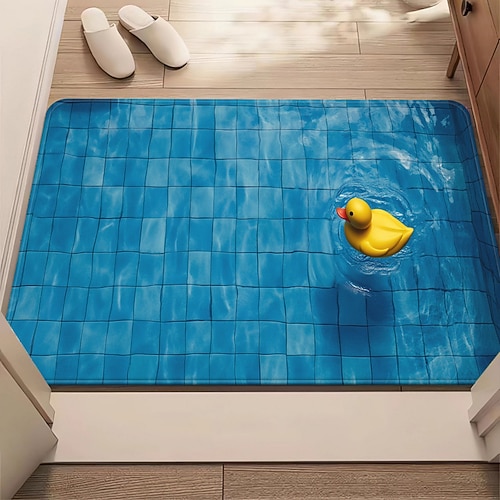 Fußmatte mit blauem Poolfliesen-Design und schwimmender gelber Ente, 2D-Flachdruck und 3D-Optik, strapazierfähig und rutschfest, ideal für Badezimmer oder Poolbereich Image