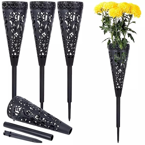 4er-Pack Friedhofsvasen mit Erdspießen, Blumenhalter für den Gedenktag auf dem Friedhof mit schwarzem Abflussloch, perfekt zur Grabdekoration. Image