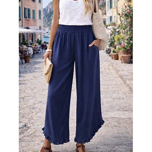 Damen Kunstbaumwollleinen Weites Bein Chinos Sommerhose Urlaub Streetwear Basic Volle Länge Mittlere Taillenlinie Einfach Tasche Elastischer Bund Bequem Atmungsaktiv Unelastisch Täglich Outdoor Urlaub Image