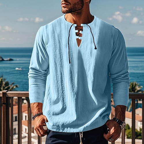 Herren T Shirt T-Shirt Langarmshirt Leinen-T-Shirt Langarm V Ausschnitt Frühling Herbst Einfarbig Mode Streetwear Strand Schnürung Lässig Outdoor Urlaub Schwarz Rosa Hellblau Top T-Shirt für Herren Image