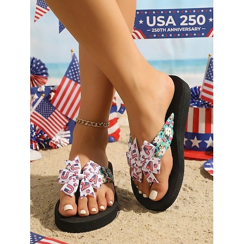 Damen-Flip-Flops zum 250. Jahrestag der USA – patriotische Strandsandalen mit amerikanischer Flagge, Schleife und Blumenmuster für den 4. Juli und den Urlaub Sommer Image