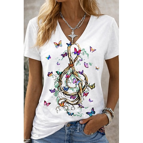 Damen T Shirt Druck Blumen Grafik Musik Vintage Stilvoll Klassisch Kurzarm V Ausschnitt Normale Oberteile Täglich Fitnessstudio Sport Schwarz Weiß Regenbogen Sommer Frühling Image