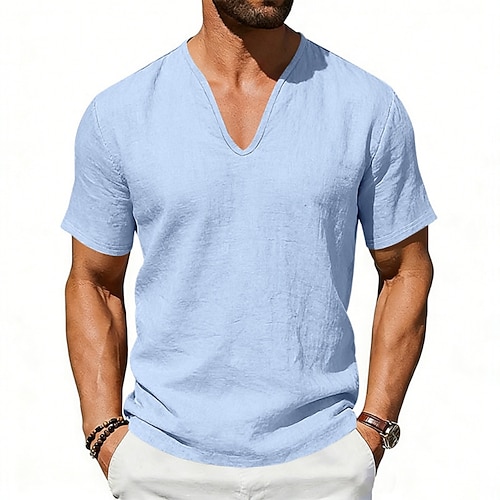 Herren T Shirt Kurzarmshirt T-Shirt Leinen-T-Shirt Kurzarm V Ausschnitt Tiefer Ausschnitt Sommer Einfarbig Einfach Streetwear Stilvoll Freizeit Klassisch Lässig Täglich Outdoor Dunkelgrau Schwarz Weiß Image
