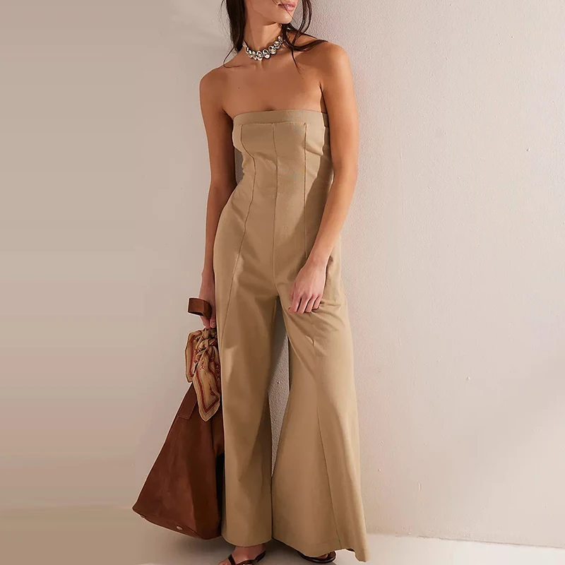 Pagliaccetto solido senza maniche a vita alta alla moda da donna Tuta lunga drappeggiata senza schienale sexy Tuta estiva elegante senza spalline a gamba larga
