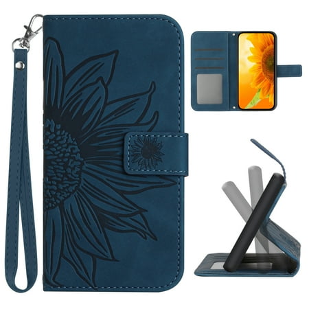 Cowithday Flip Wallet Cover Case for Google Pixel 8 Pro Phone Pixel 8 Pro 5G Cases for Cell Phones PU Leather Embossed Sunflower Shockproof Slim Case for Google Pixel 8 Pro 5G 6.7 inch Inkblue