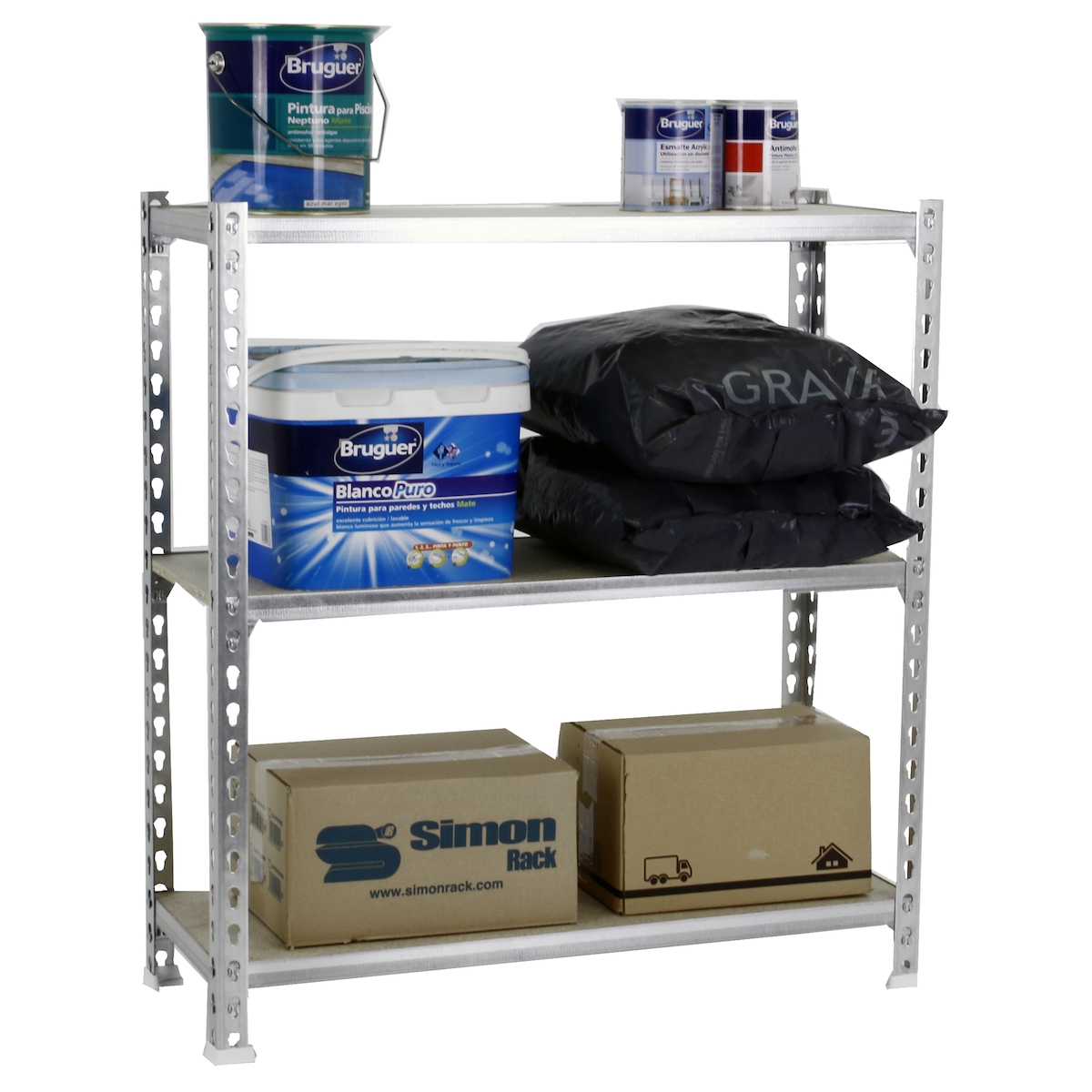 SimonRack Schwerlastregal 1000x900x500 mm, 3 Ebenen, Holzböden, 150 kg Tragkraft pro Ebene, Verzinkt - Maderclick Image