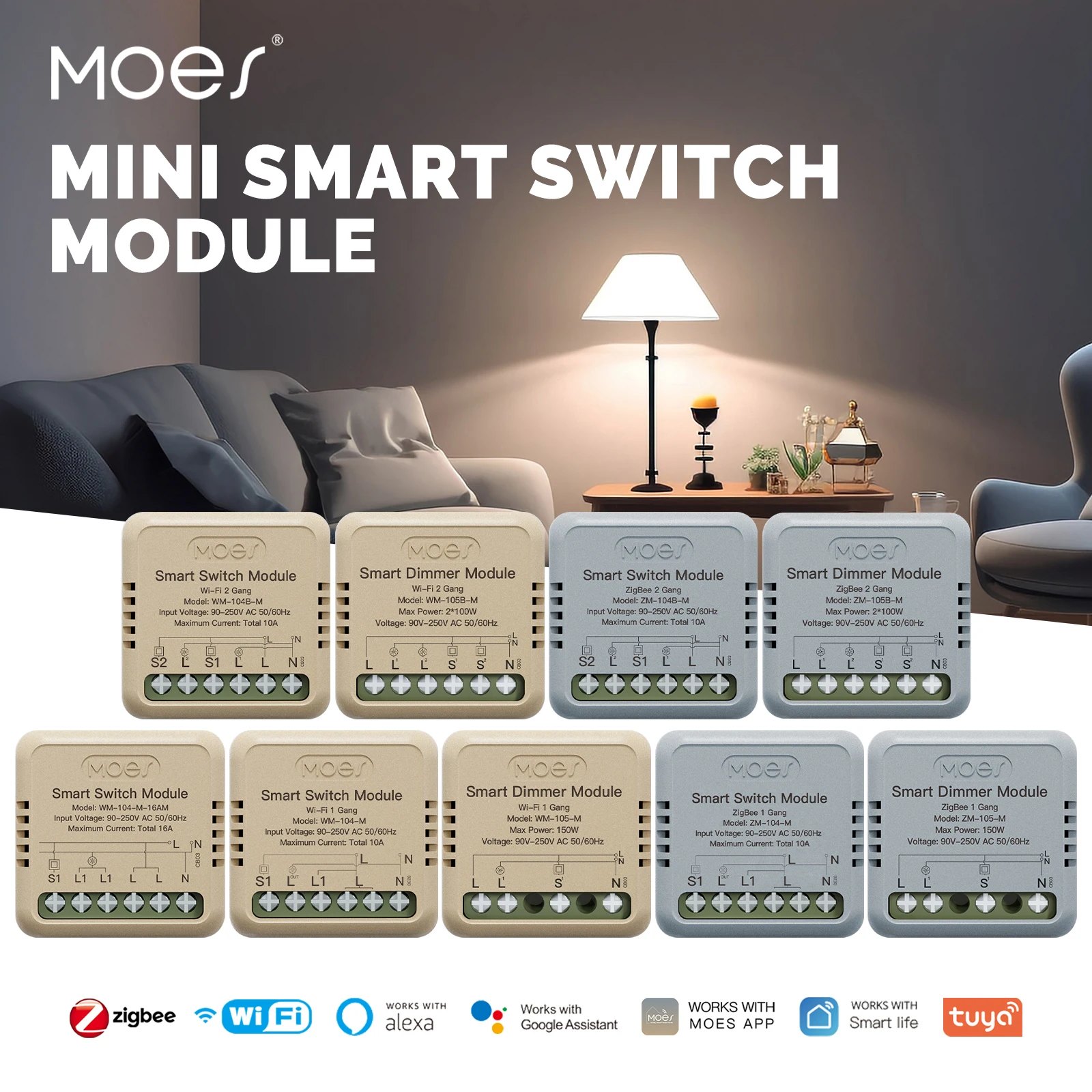 MOES Mini Tuya WiFi/Zigbee Smart Switch/Modulo Dimmer Modulo FAI DA TE Interruttore Della Luce 1/2 Gang di Controllo Remoto Lavoro Alexa Google Casa