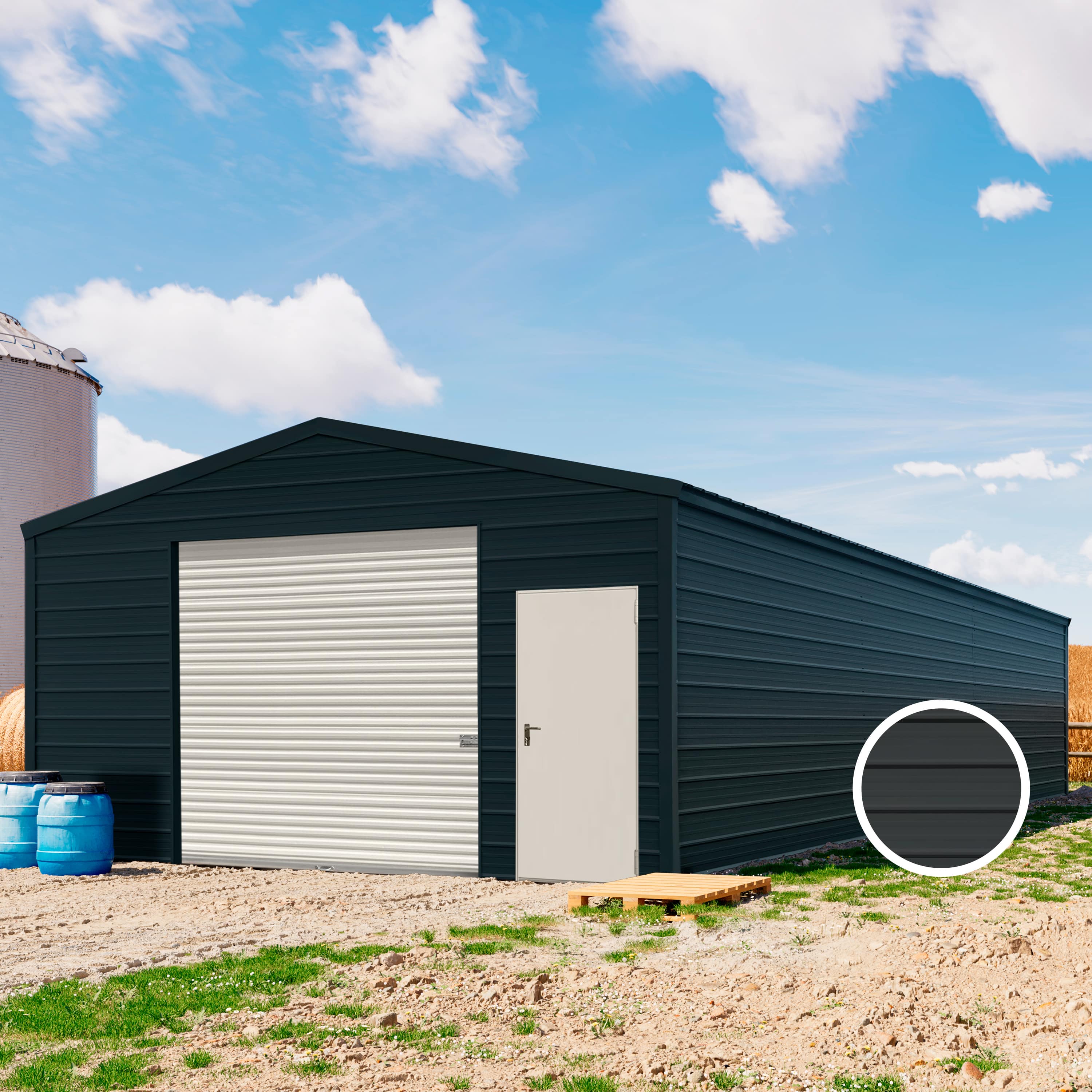 5,7 x 15,2 m ARGO, Stahldach, Leichtbauhalle, Trapezblechverkleidung, Anthrazit, mit Statik (Erduntergrund), mit Motor - (KROV00047) Image