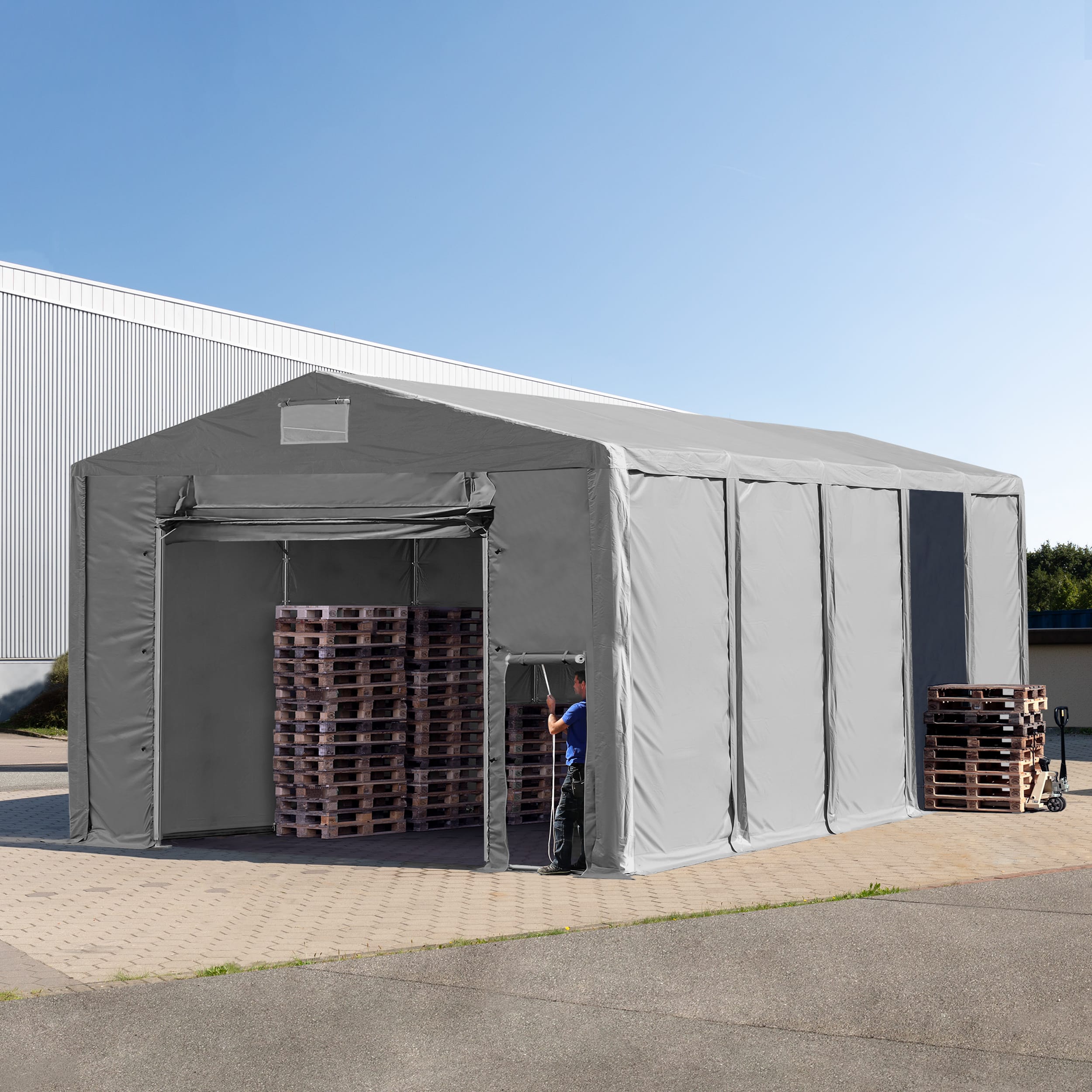 8x10 m Lagerzelt, PVC-Plane, grau, mit Bodenrahmen, mit Statik (Erduntergrund) - (93816) Image